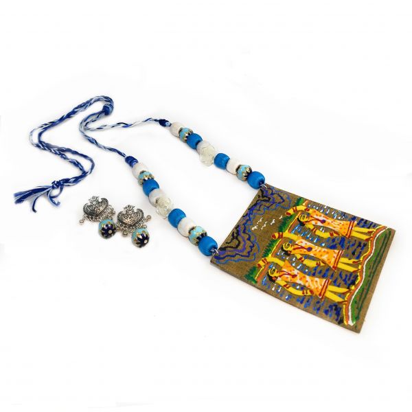Hand Painted Scenery Fabric Necklace and Earring set- Blue - Image 4