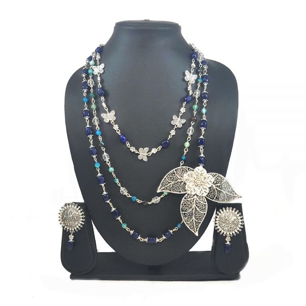 Multi-Layer Blue Stone Floral Necklace and Earring Set