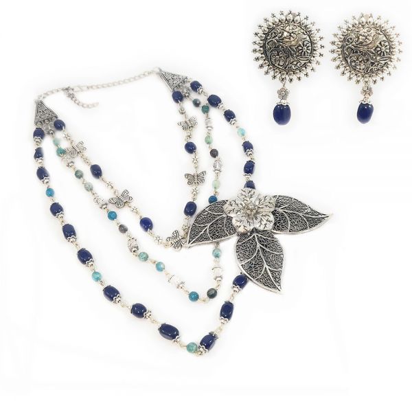 Multi-Layer Blue Stone Floral Necklace and Earring Set - Image 3
