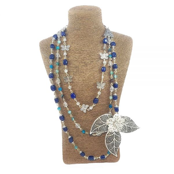 Multi-Layer Blue Stone Floral Necklace and Earring Set - Image 5