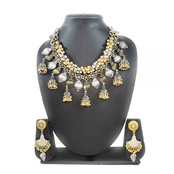 Shell Design Dual Tone Ghungroo Necklace and Earring Set