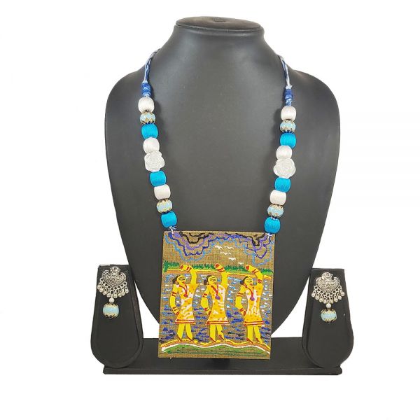 Hand Painted Scenery Fabric Necklace and Earring set- Blue