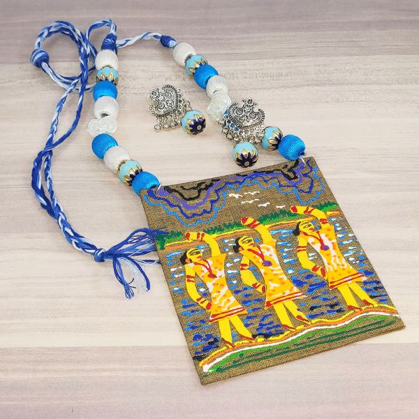 Hand Painted Scenery Fabric Necklace and Earring set- Blue - Image 3