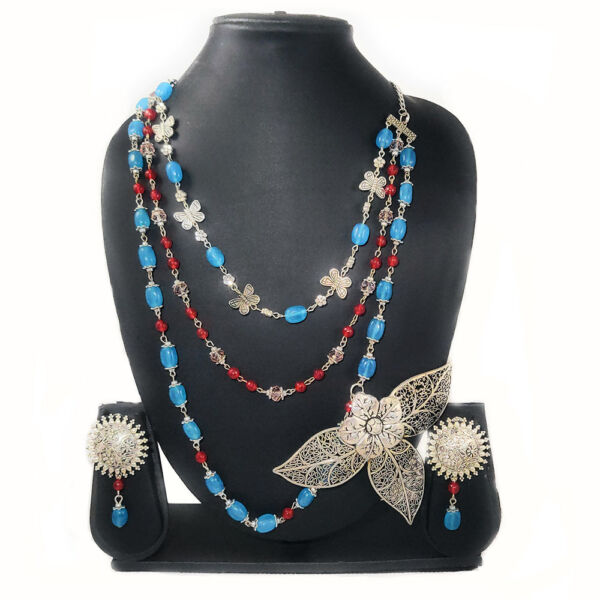 Multi-Layer Blue Stone Floral Necklace and Earring Set - Image 2