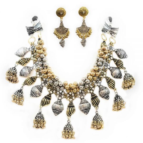 Shell Design Dual Tone Ghungroo Necklace and Earring Set - Image 2