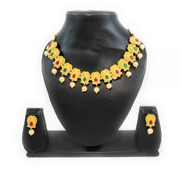 Red & Green Stone Matt Golden Choker Necklace and Earring Set
