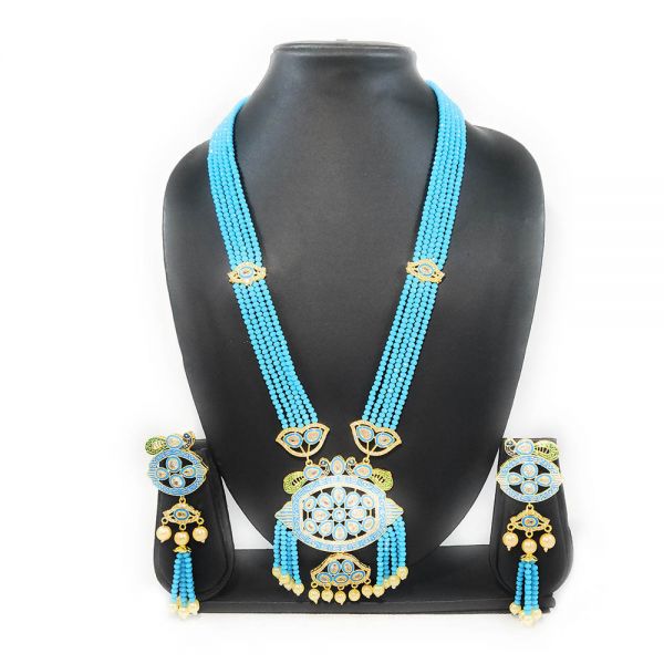 Traditional Polki Peacock Meenakari Long Necklace & Earring Set for Women-Blue