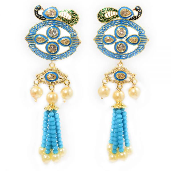 Traditional Polki Peacock Meenakari Long Necklace & Earring Set for Women-Blue - Image 2