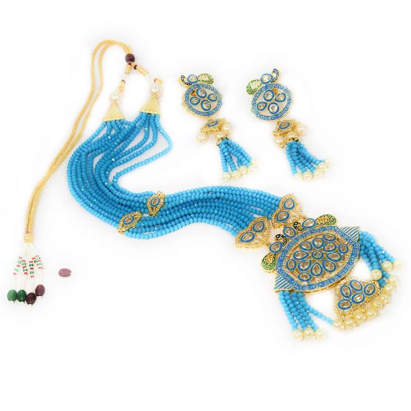 Traditional Polki Peacock Meenakari Long Necklace & Earring Set for Women-Blue - Image 4