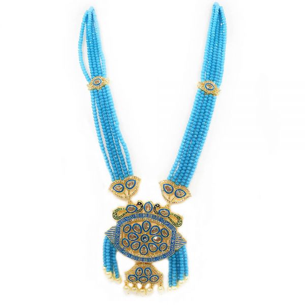Traditional Polki Peacock Meenakari Long Necklace & Earring Set for Women-Blue - Image 3