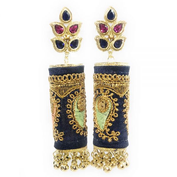Metal & Fabric Long Dangle and Drop Partywear Jhumkas for Women- Navy Blue