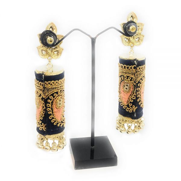 Metal & Fabric Long Dangle and Drop Partywear Jhumkas for Women- Navy Blue - Image 4