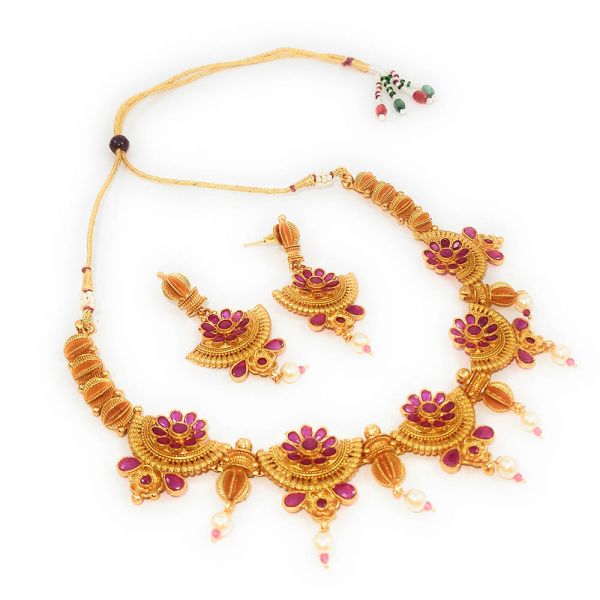 Floral Design (Pink Stone) Golden Choker Necklace and Earring Set - Image 4