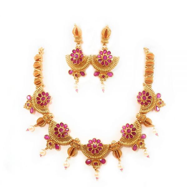 Floral Design (Pink Stone) Golden Choker Necklace and Earring Set - Image 3