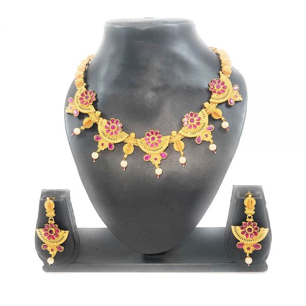 Floral Design (Pink Stone) Golden Choker Necklace and Earring Set