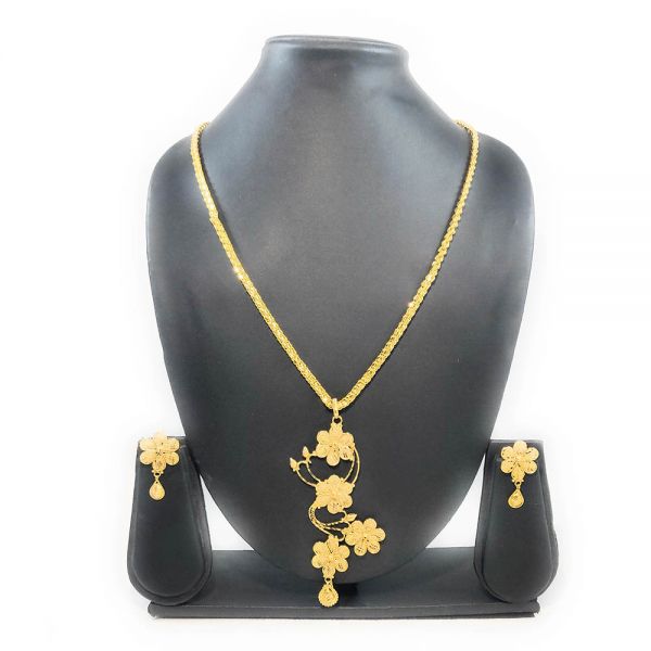 Gold Plated Floral Design Pendant Chain and Earring Set - Image 2