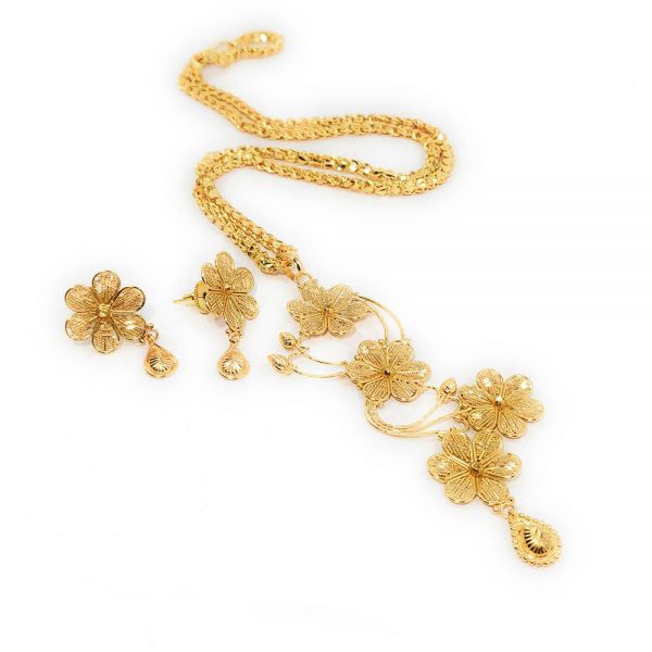 Gold Plated Floral Design Pendant Chain and Earring Set - Image 3