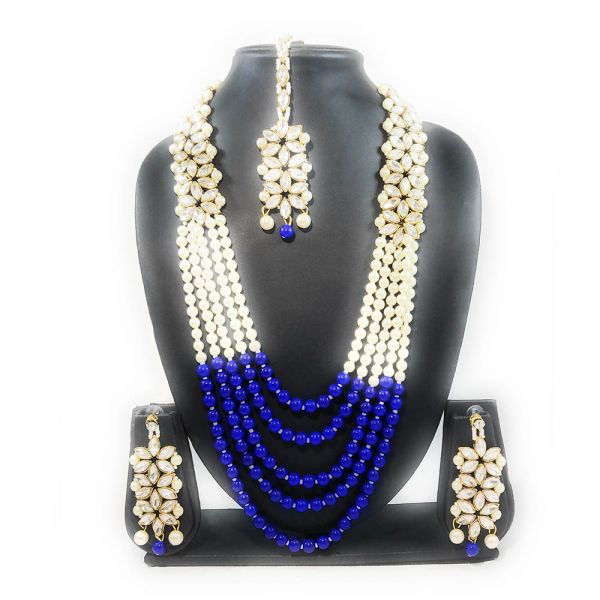 Multi-Layer Long Kundan Pearl Necklace Earring & Maangtika Set
