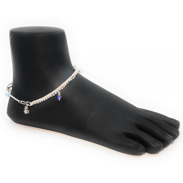 Silver Rhinestone Chain Anklets  with muticolour danglers (one pair) - size 25cm