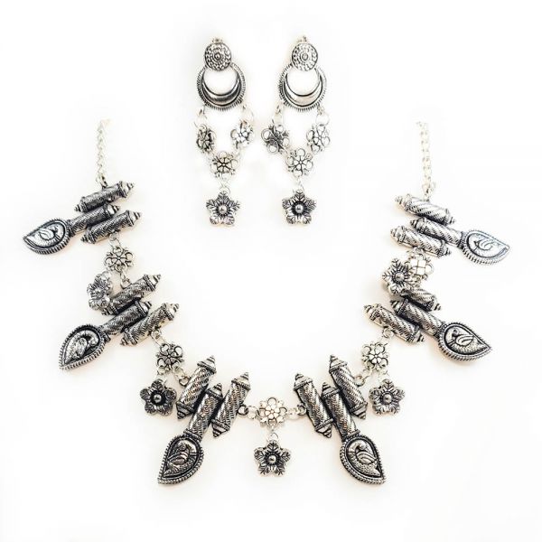 Oxidised German Silver Peacock and Flower Design Choker Necklace and Earring Set