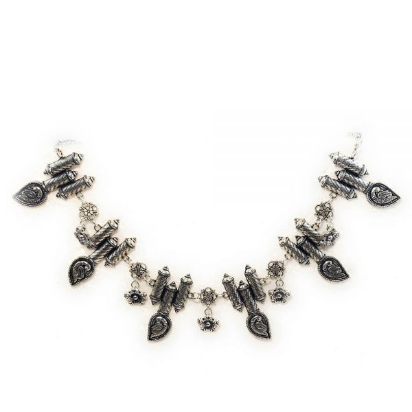 Oxidised German Silver Peacock and Flower Design Choker Necklace and Earring Set - Image 2