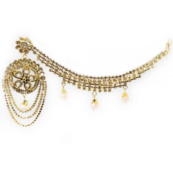 Fashion Partywear Bahubali Style Floral Dangle and Drop Earrings with Rhinestone Chain - Image 8
