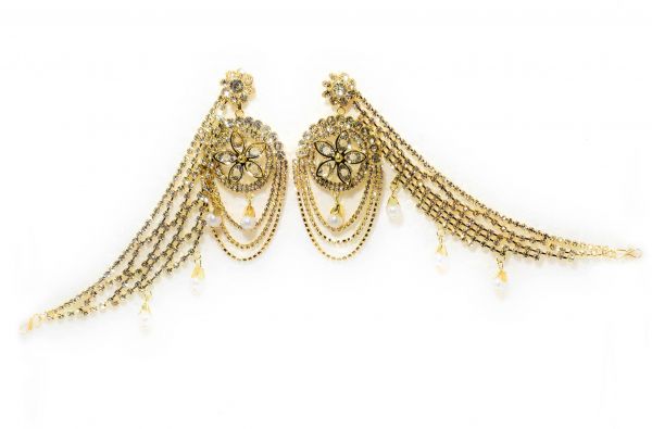 Fashion Partywear Bahubali Style Floral Dangle and Drop Earrings with Rhinestone Chain - Image 3