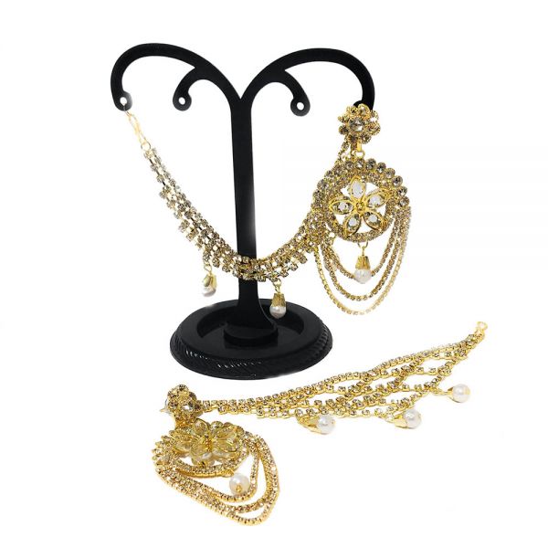 Fashion Partywear Bahubali Style Floral Dangle and Drop Earrings with Rhinestone Chain - Image 4
