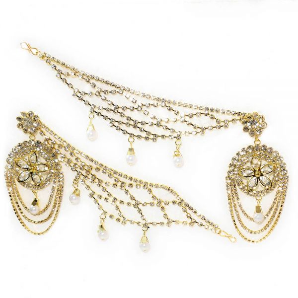 Fashion Partywear Bahubali Style Floral Dangle and Drop Earrings with Rhinestone Chain - Image 5