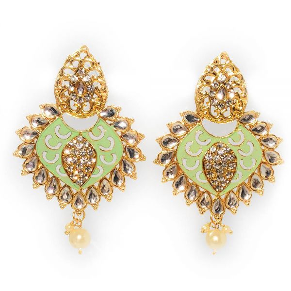 Pastel Green Non Precious Metal Matte Meenakari Kundan Chandbali Earrings