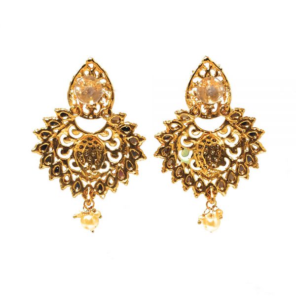 Pastel Green Non Precious Metal Matte Meenakari Kundan Chandbali Earrings - Image 3