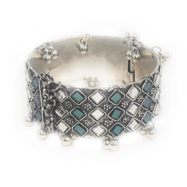 Oxidised Free Size Mirror Work Ghungroo Afghan Bangle Bracelet- Green - Image 5