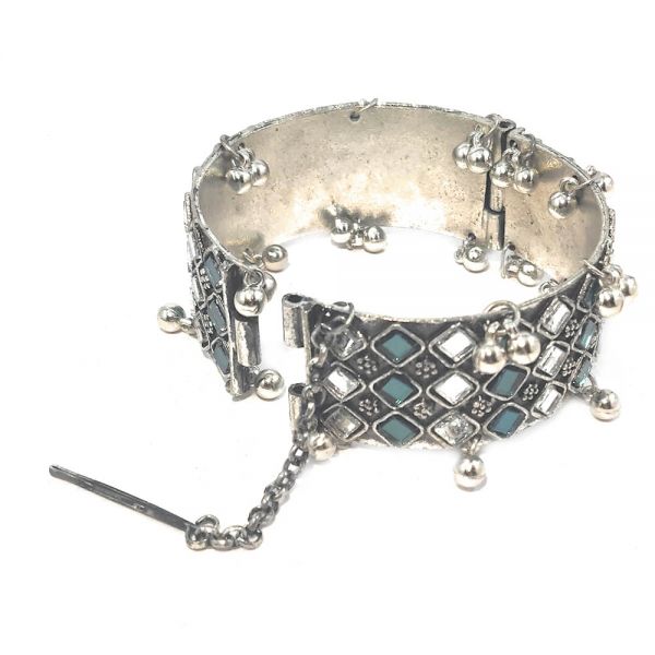 Oxidised Free Size Mirror Work Ghungroo Afghan Bangle Bracelet- Green - Image 4