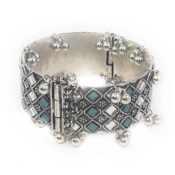 Oxidised Free Size Mirror Work Ghungroo Afghan Bangle Bracelet- Green - Image 2