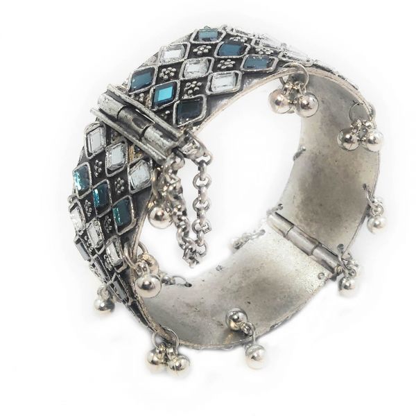 Oxidised Free Size Mirror Work Ghungroo Afghan Bangle Bracelet- Green