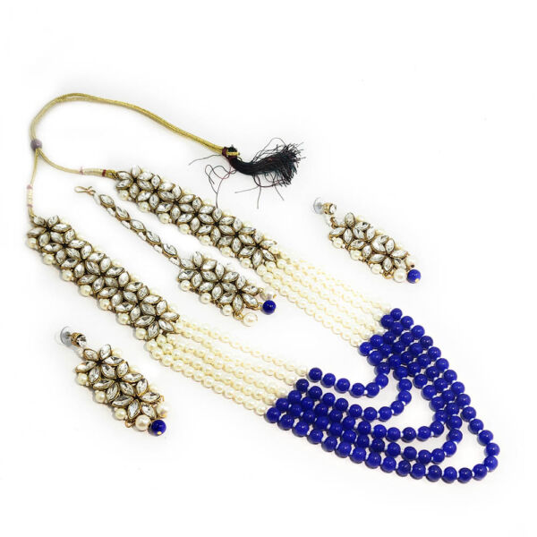 Multi-Layer Long Kundan Pearl Necklace Earring & Maangtika Set - Image 6