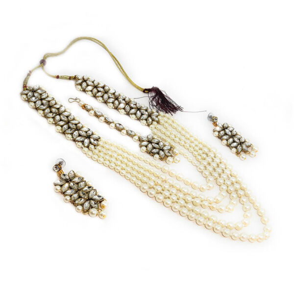 Multi-Layer Long Kundan Pearl Necklace Earring & Maangtika Set - Image 7
