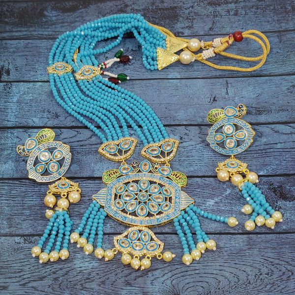 Traditional Polki Peacock Meenakari Long Necklace & Earring Set for Women-Blue - Image 5