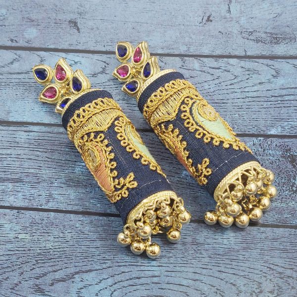 Metal & Fabric Long Dangle and Drop Partywear Jhumkas for Women- Navy Blue - Image 5