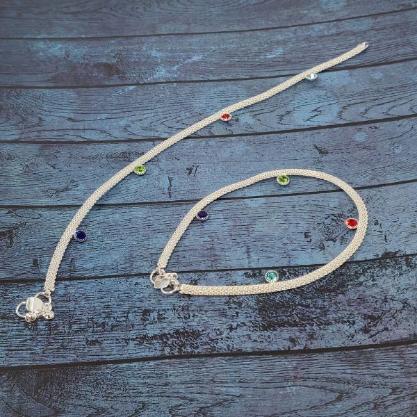 Silver Rhinestone Chain Anklets  with multicolour stone (one pair) - size 25cm - Image 4