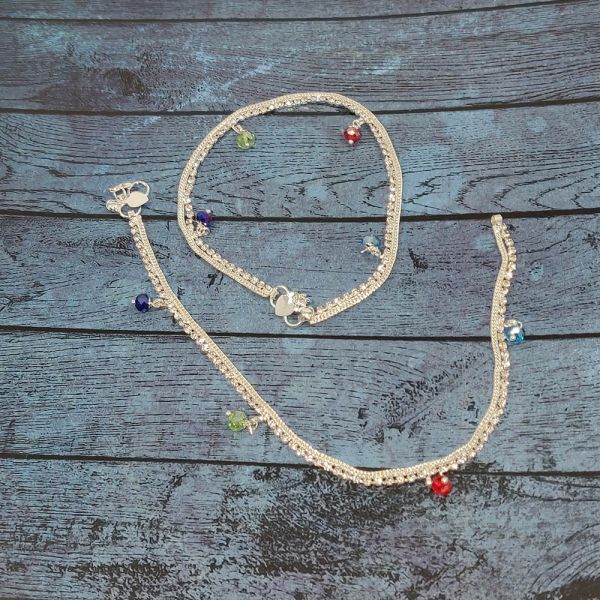 Silver Rhinestone Chain Anklets  with muticolour danglers (one pair) - size 25cm - Image 5