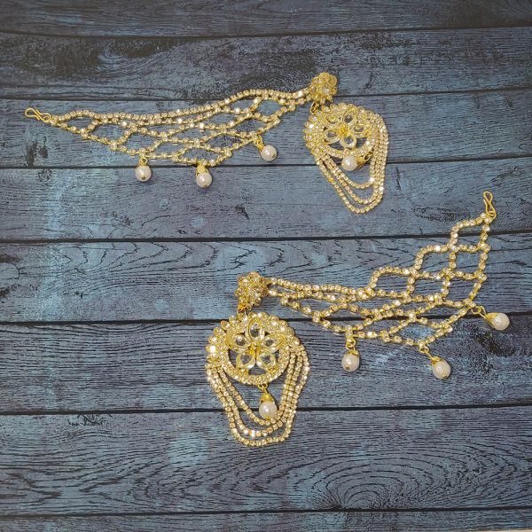 Fashion Partywear Bahubali Style Floral Dangle and Drop Earrings with Rhinestone Chain - Image 6