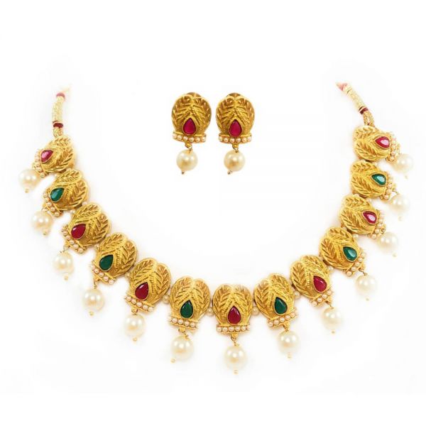 Red & Green Stone Matt Golden Choker Necklace and Earring Set - Image 4