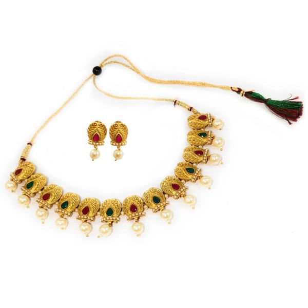 Red & Green Stone Matt Golden Choker Necklace and Earring Set - Image 5