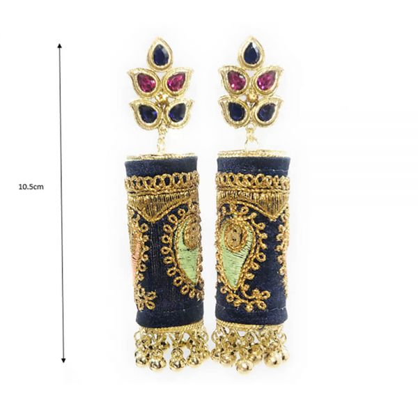 Metal & Fabric Long Dangle and Drop Partywear Jhumkas for Women- Navy Blue - Image 2