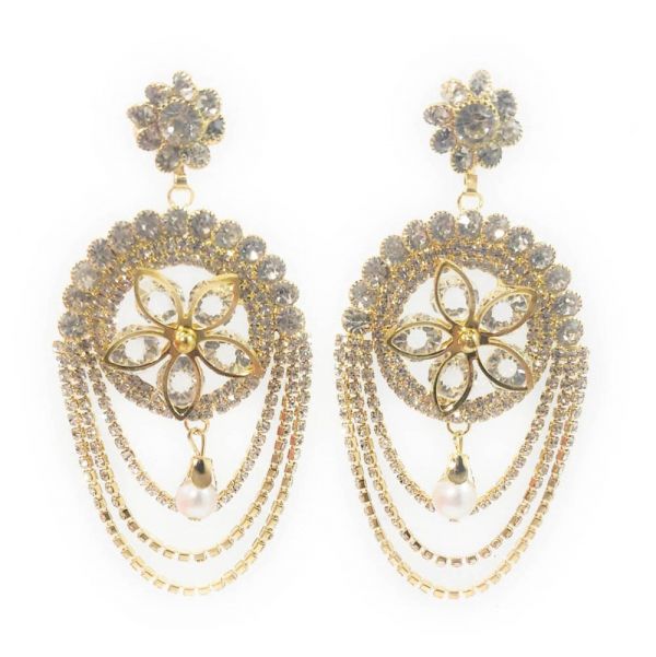Fashion Partywear Bahubali Style Floral Dangle and Drop Earrings with Rhinestone Chain - Image 2