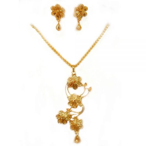 Gold Plated Floral Design Pendant Chain and Earring Set
