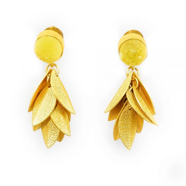 Yellow Druzy Matt Golden Bunch of Leaves Jhumka Earrings