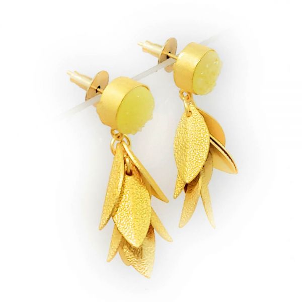 Yellow Druzy Matt Golden Bunch of Leaves Jhumka Earrings - Image 2