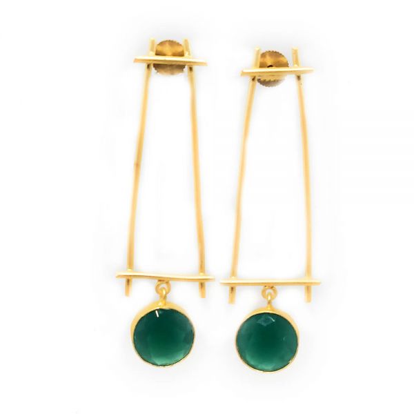Matt Golden Geometric Long Dangler and Drop Stone Earrings - Image 2